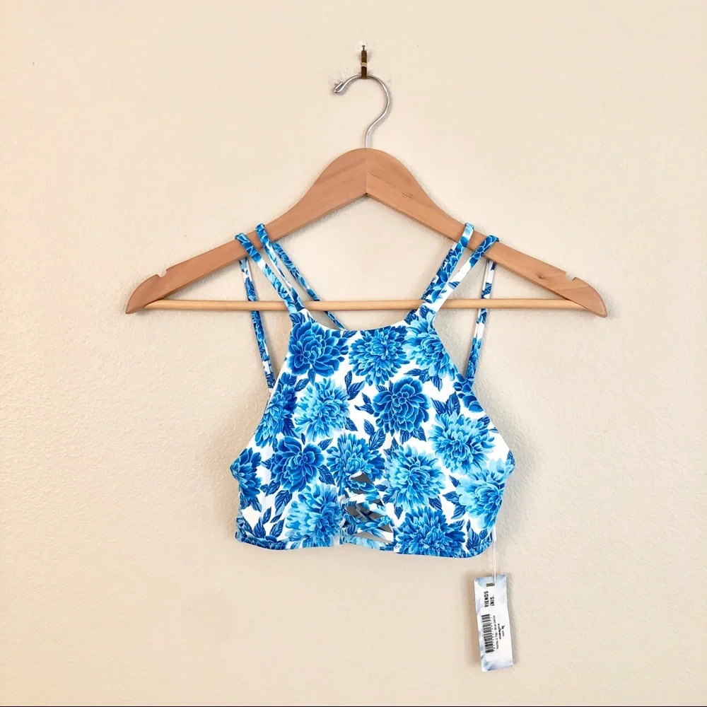 FRANKIE’S BIKINIS New Marley 2 Strappy Back Bikini Top in Blue Dahlia Floral